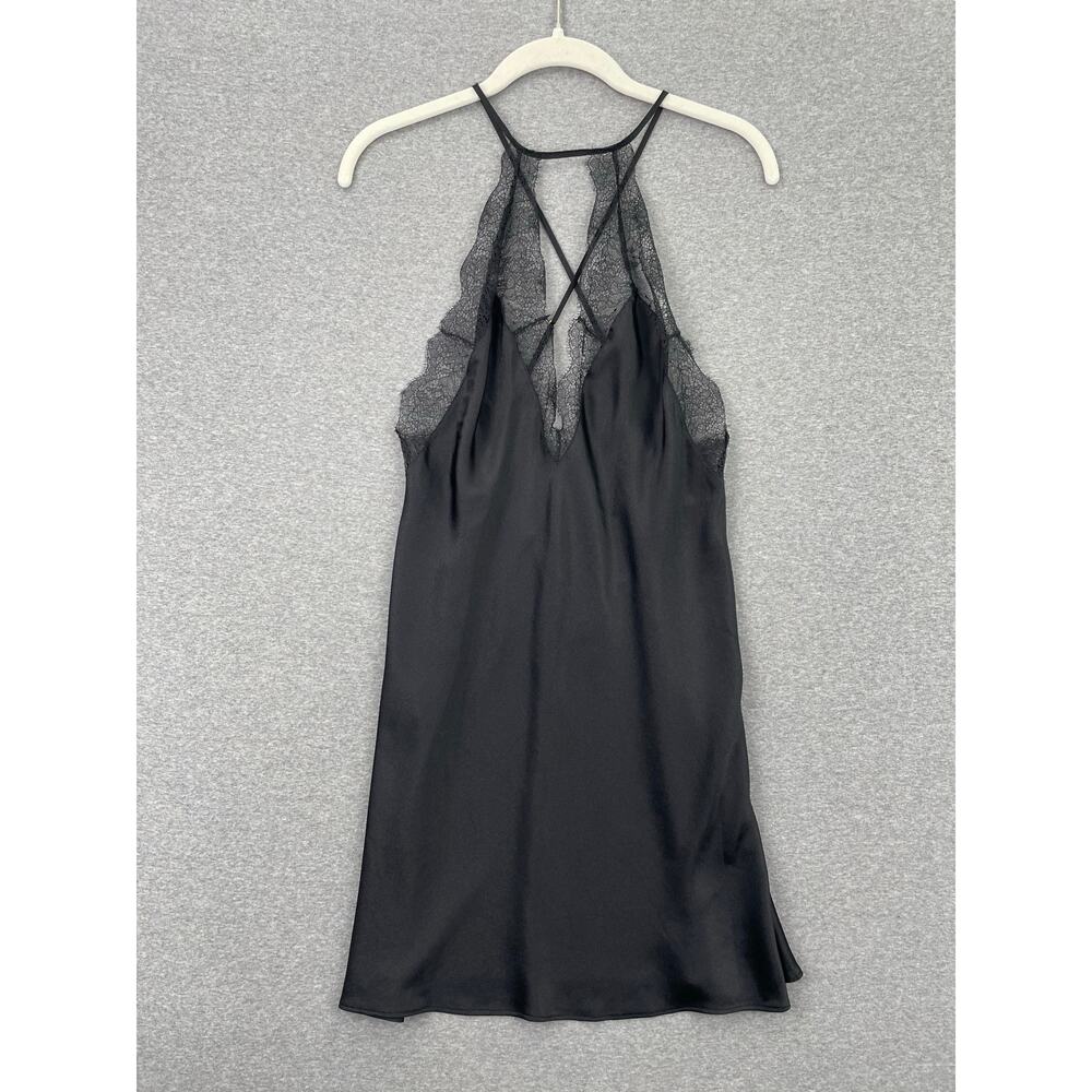 Victoria's Secret Lingerie Slip Chemise Womens M Black Satin Lace Halter Slinky